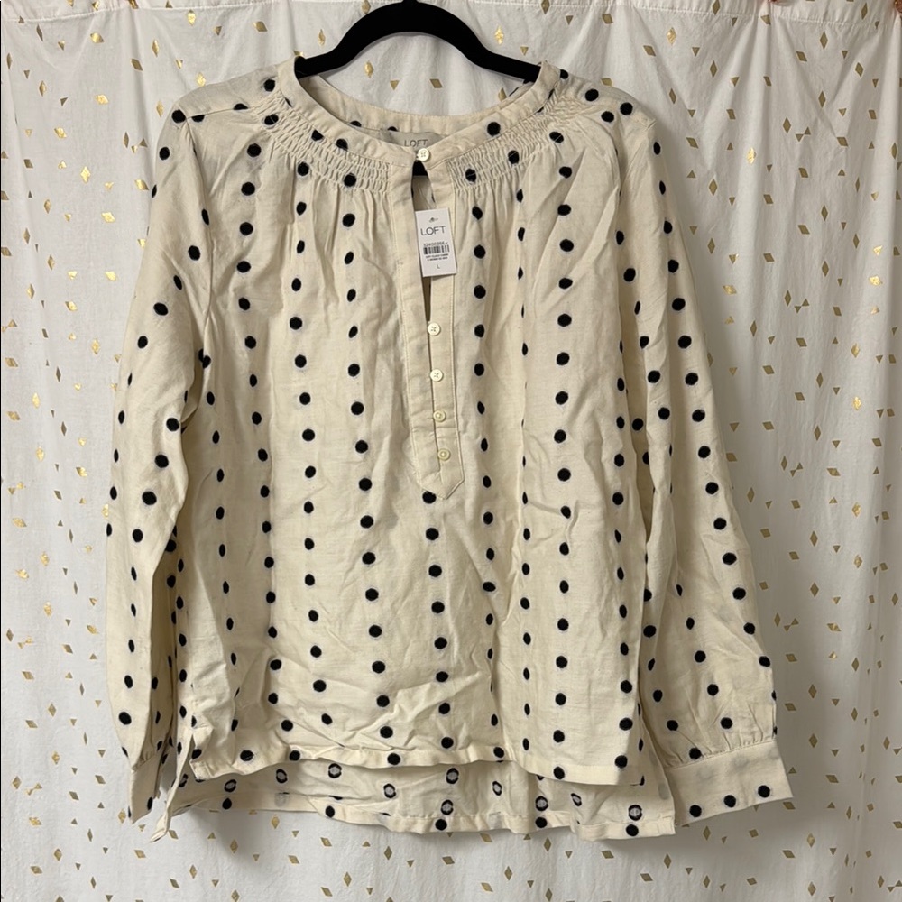 NWT LOFT Black and Cream Polka Dot Long Sleeve Vented Blouse SIZE - L